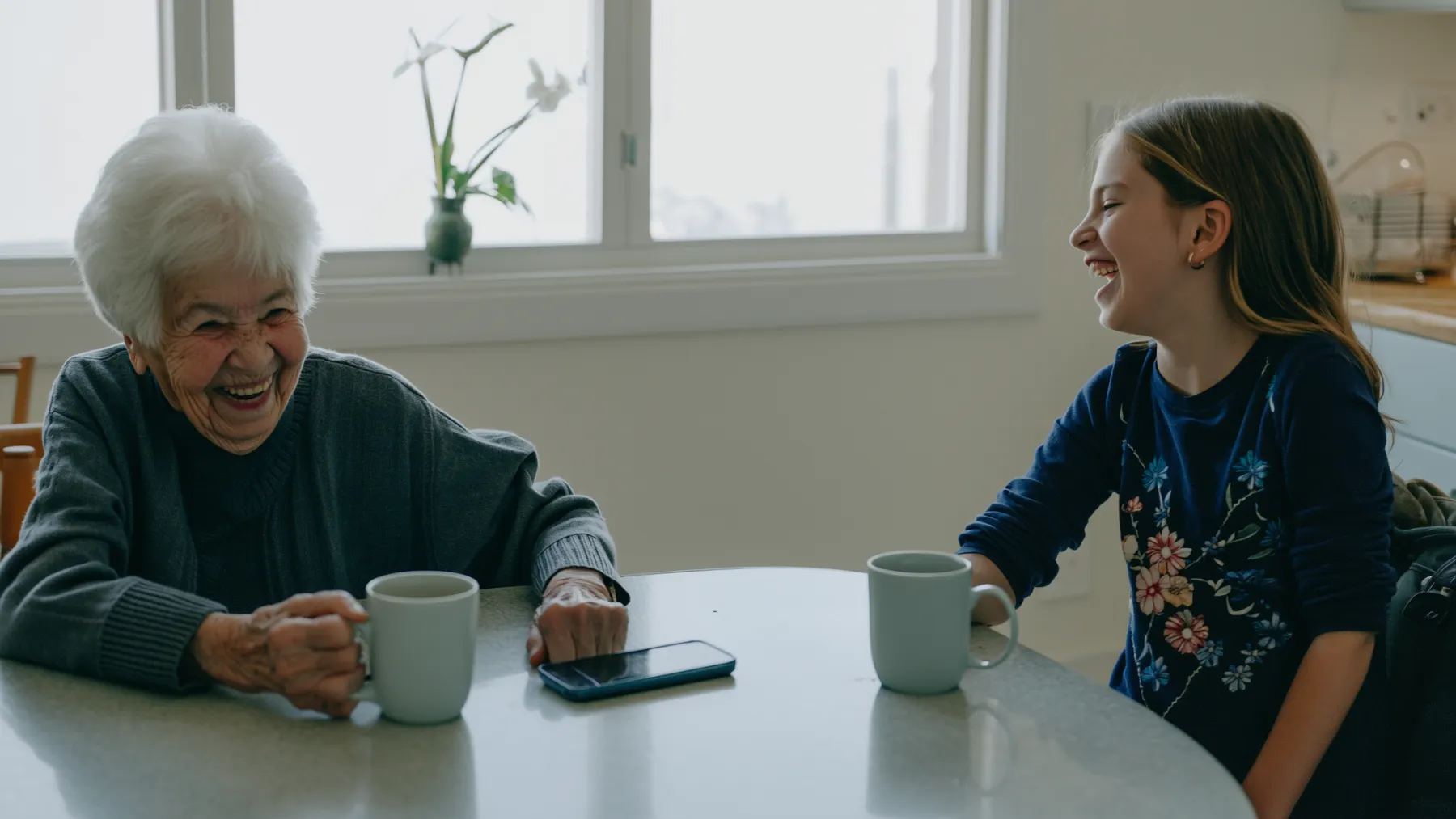 A grandmother and her granddaughter laughing together