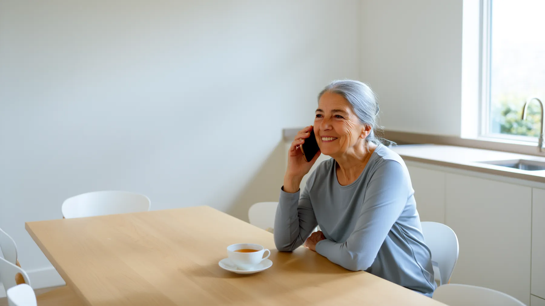 A grandmother on the phone at her kitchen table