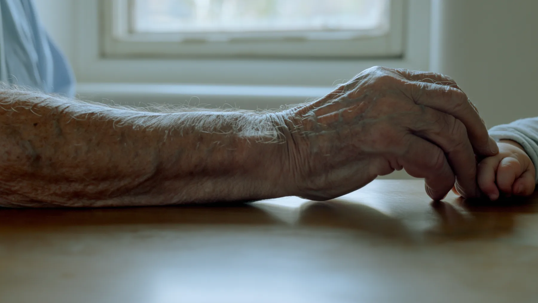 An elderly man’s hand holding a young child’s hand