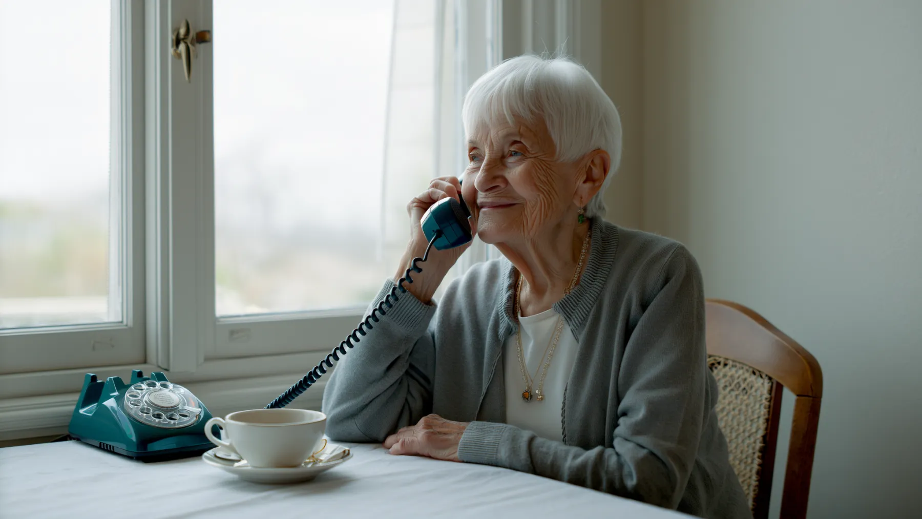 Margaret, 81, on the phone at her kitchen table