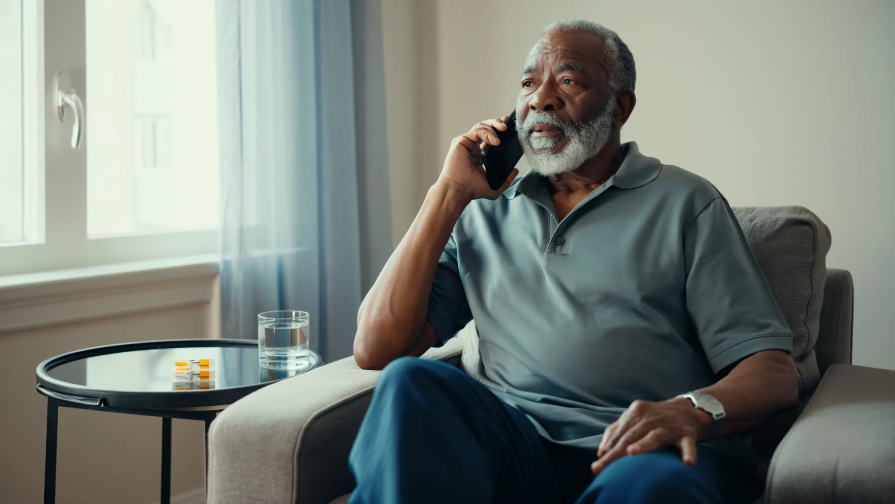 A man in his sixties talking on the phone in his armchair at home
