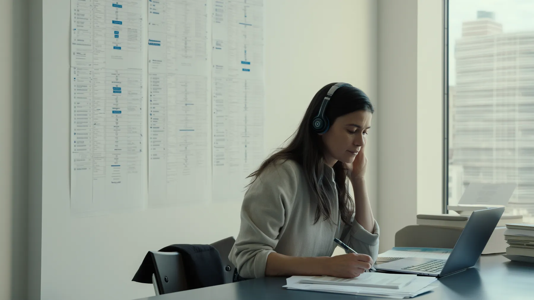 A researcher working on interview notes at a desk