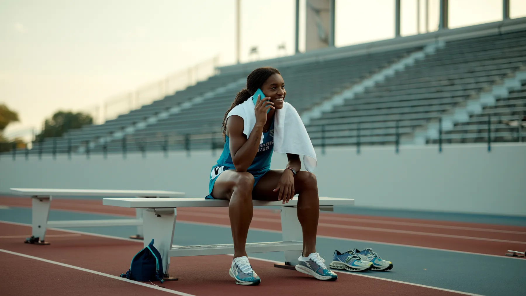 A female athlete talking on the phone on a bench at an athletics track after training