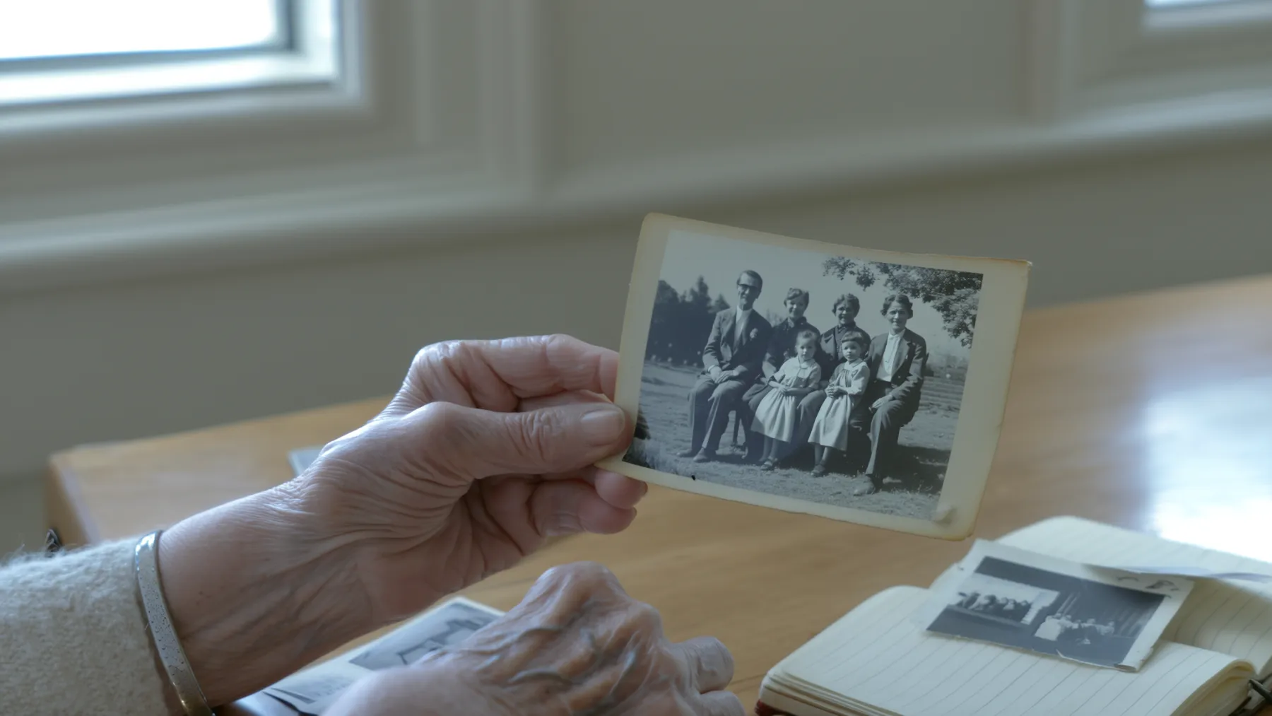 Elderly hands holding an old black-and-white family photograph